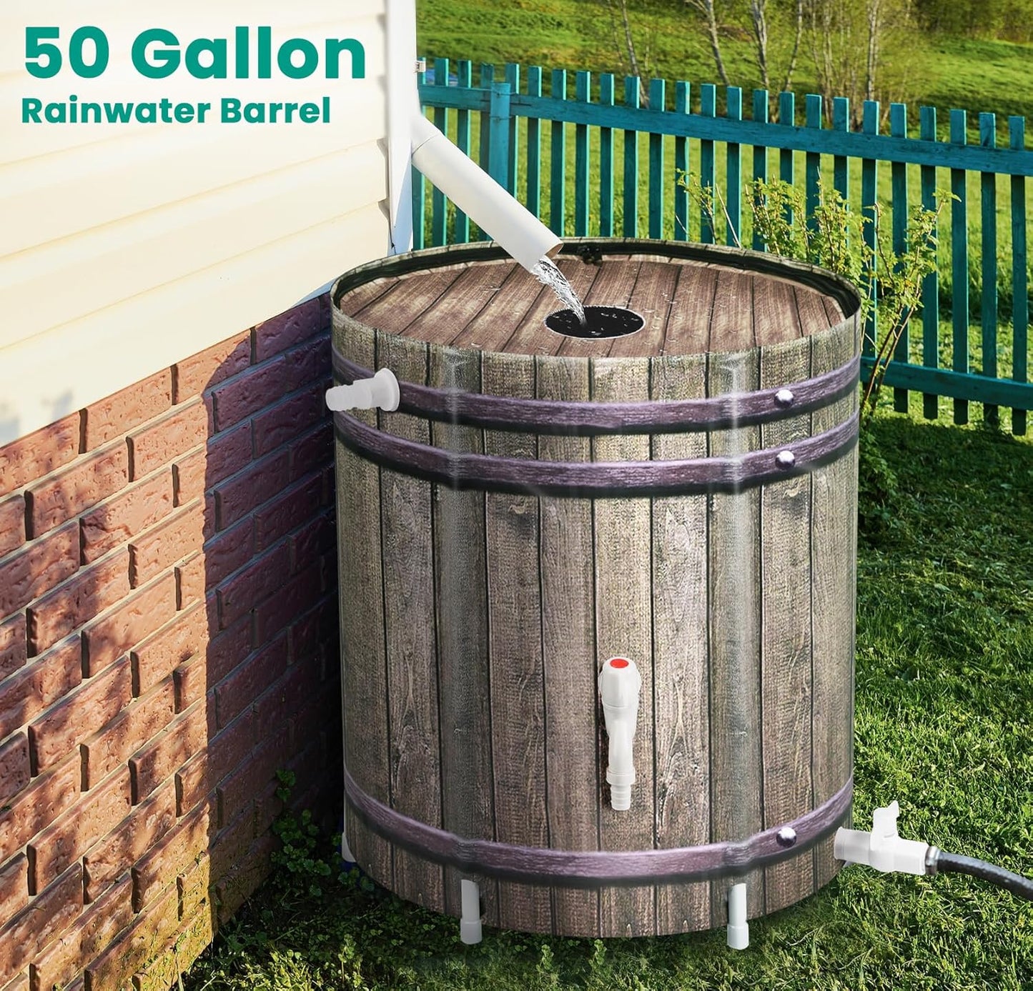 Rain Barrel,50 Gallon Collapsible Rainwater Collection with Spigots and Overflow Kit,Portable Plastic Rain Barrel with Filter, Anti-Collapse Rainwater Collection Container Woodgrain