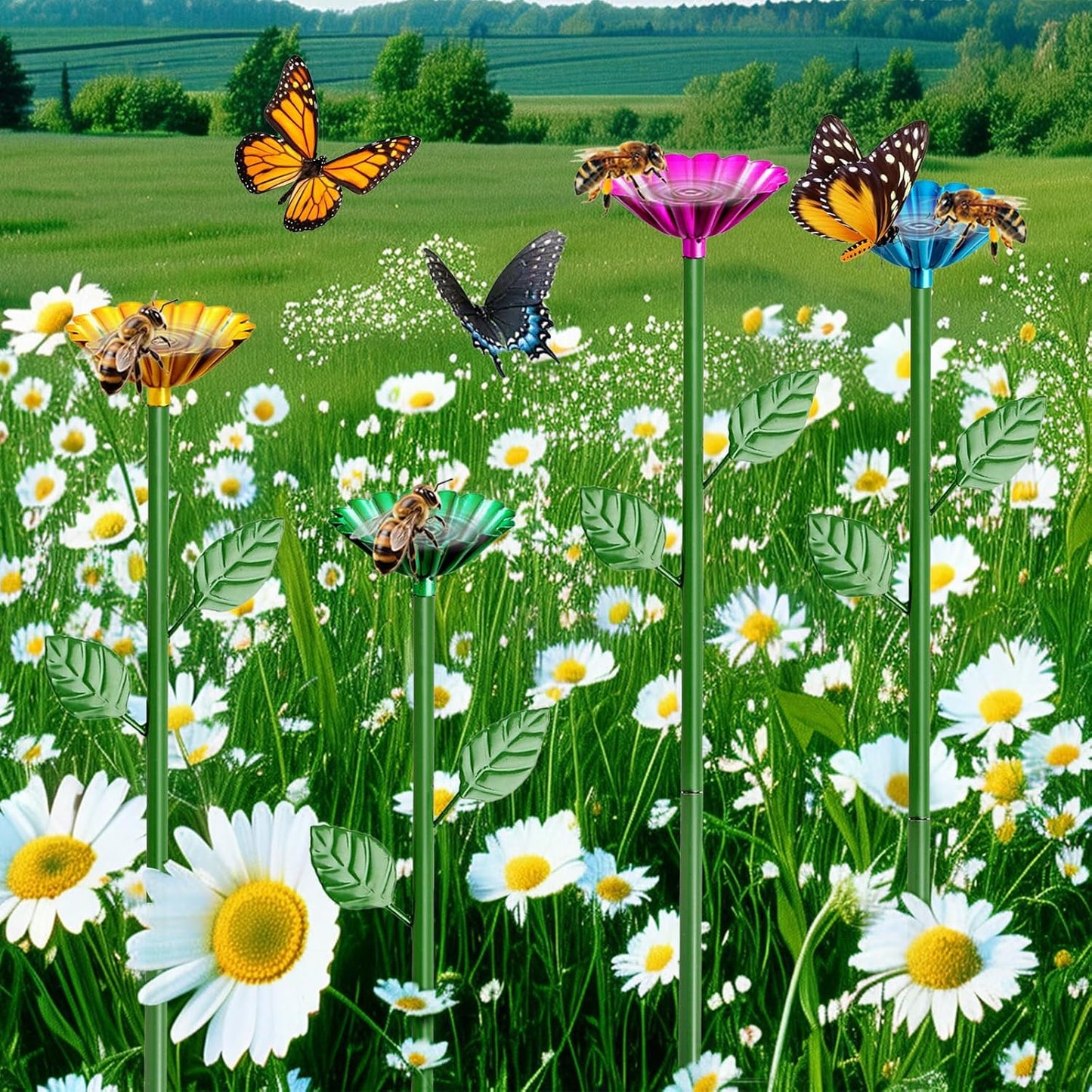 4 Pack Bee Watering Station, Bee Bath for Garden Metal Bee Water Feeder with Flower Design, Colorful Butterfly Bee Bath Bowl for Outdoor Garden Yard Decor (Red,Green,Blue,Yellow)