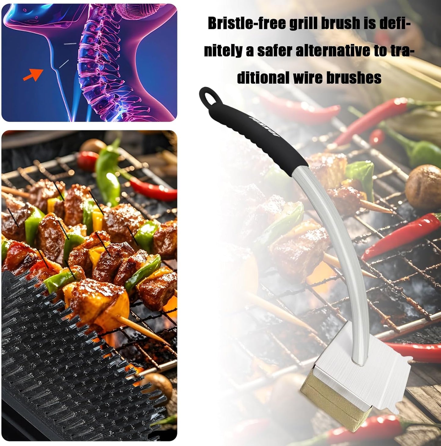 Grill Brush Bristle Free,Long Handle Steam Grill Brush for Outdoor Grill,BBQ Safe Grill Cleaner Brush,Includes 2 Replaceable Heads for Easy Grill Maintenance Black