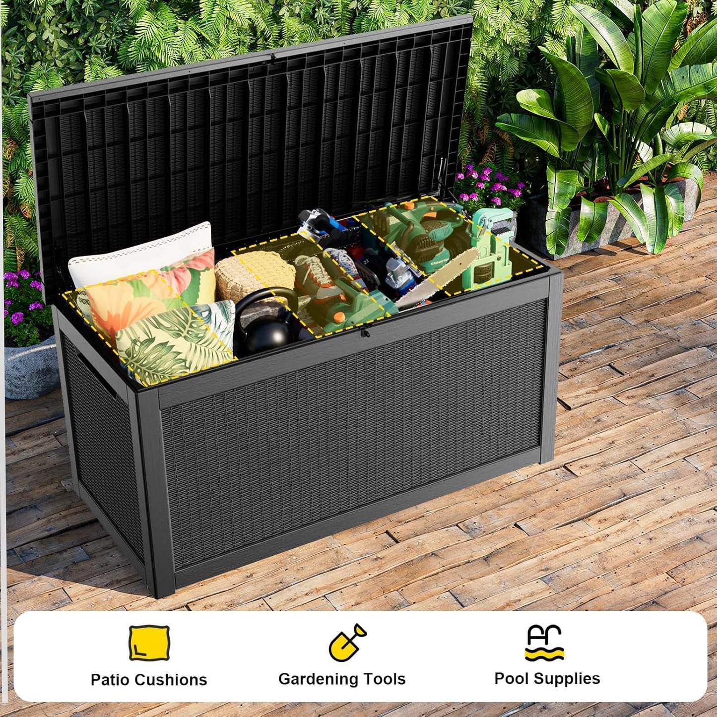 320 Gallon Outdoor Storage Box,Large Waterproof UV Resistant Deck Box,Lockable Storage Container for Patio Furniture Cushions Garden Tools and Pool Accessories(Black)