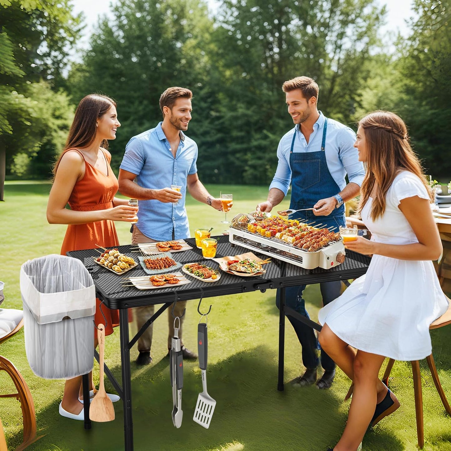 Outdoor Picnic Camping Table, Folding Grill Metal Table 3 Ft - Portable, Lightweight, Compact & Height Adjustable Collapsible Patio BBQ Table with Trash Bag Holder