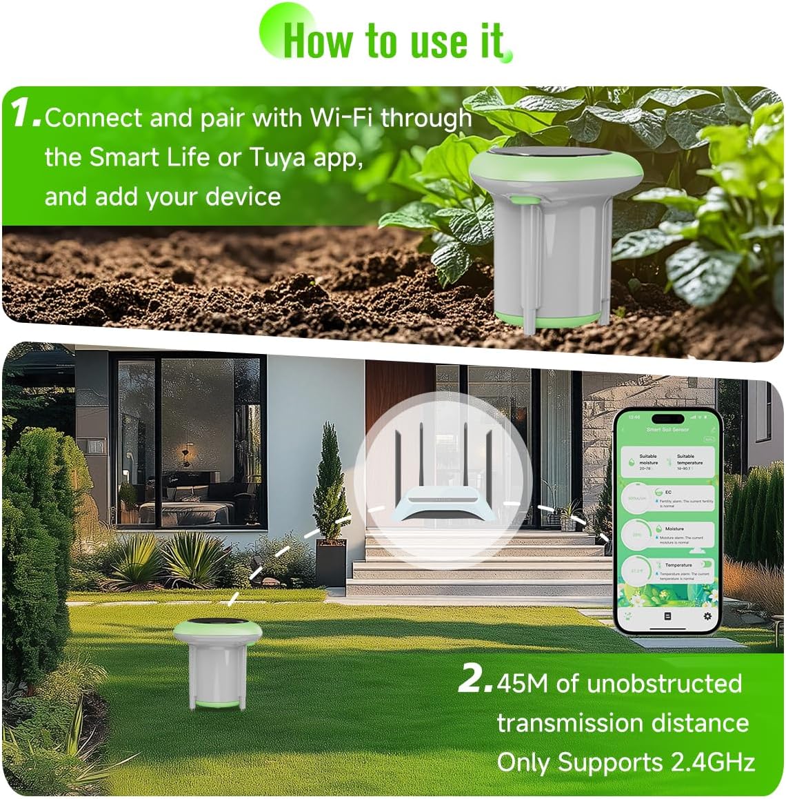 Smart 3-in-1 Soil Moisture/Temperature/Fertility Meter for Plant, Soil Test Kit for Garden/Farming/Lawn, GreenVation Digital Soil Sensor with Tuya/Smart Life APP Push Notification