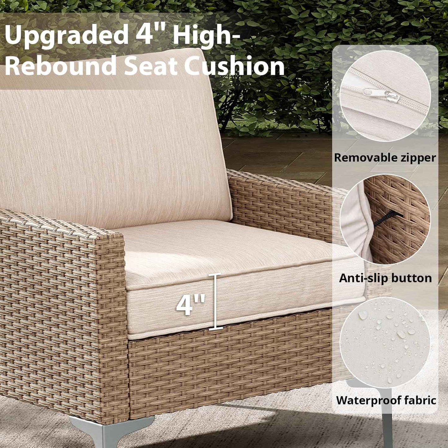Jing's Villa 4-Piece Outdoor Sectional Sofa Set, All-Weather Wicker Patio Furniture with L/R armrest & Tempered Glass Table, Comfortable Garden Conversation Set for Backyard, Poolside, Deck,Beige