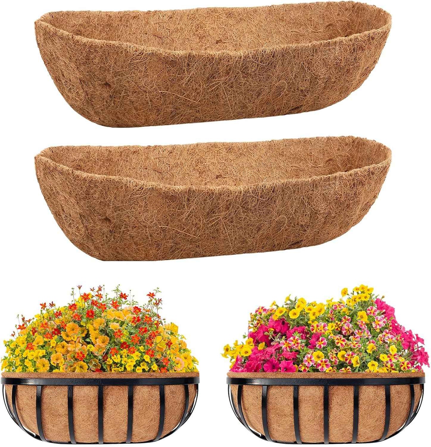Riare 2 Pack 24 Inch Trough Coco Coir Liners for Planters, Pre-Formed Coconut Coir Replacement Liner Natural Coco Fiber Window Box Liners for Wall Planter, Window Basket Deck Railing Planter
