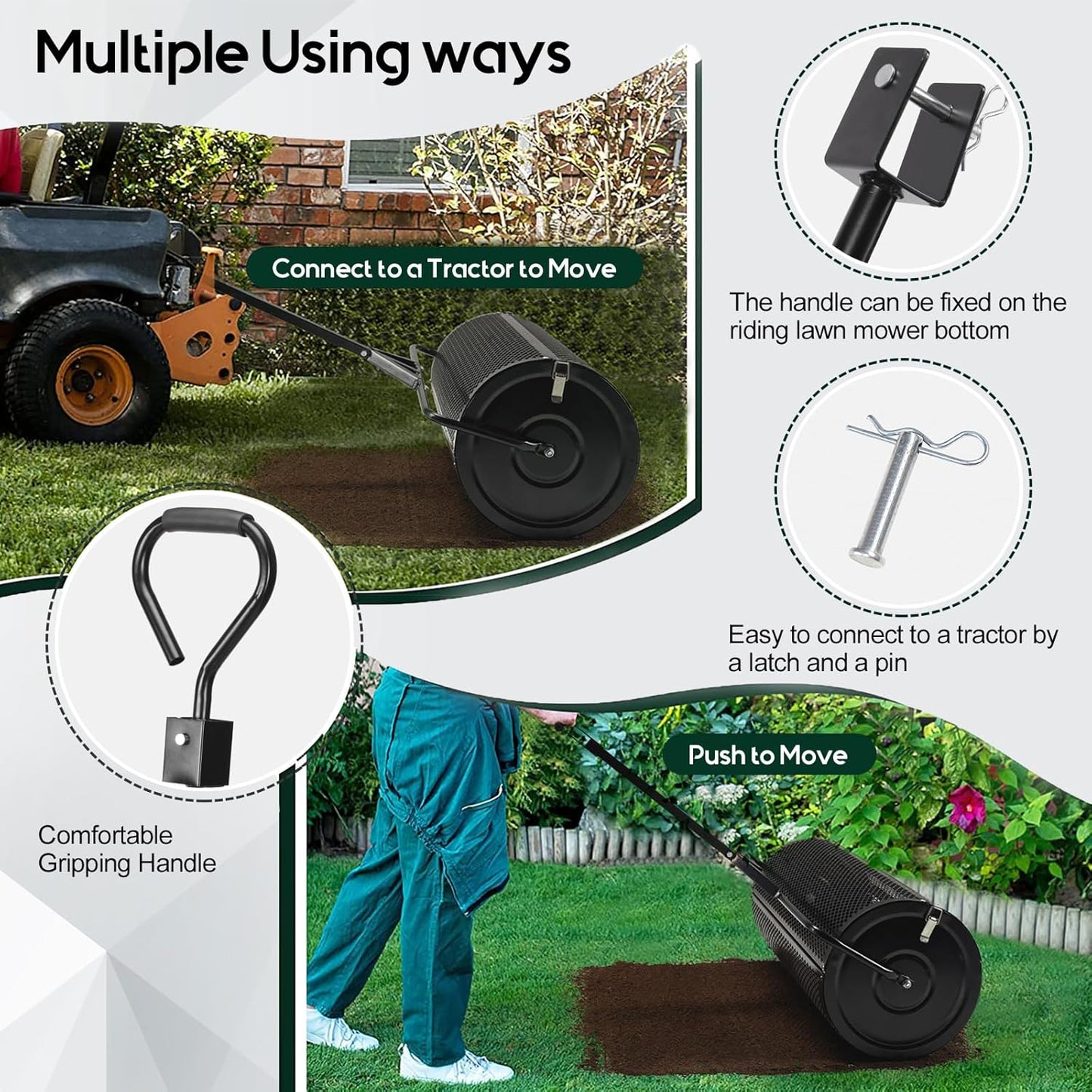 Compost and Peat Moss Spreader with Updated 2 in 1 ATV & T Shaped Handle, 16”WX44”L, Lawn and Garden Peat Moss Roller w/Laser Cutting Wire Mesh Baskets for Spreading Manure, Topsoil