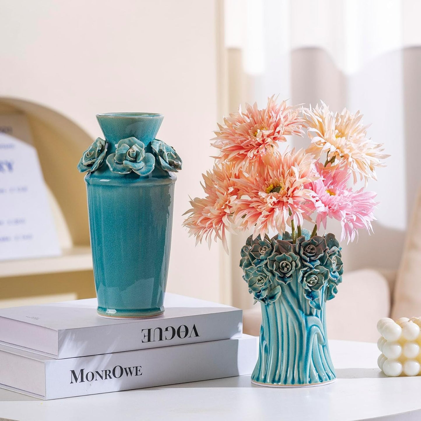 Handmade Blue Ceramic Vase with 3D Flowers, Blue Bud Wedding Bouquets Vases for Centerpieces, Vintage Floral Vase for Home Cottage Core Decor, Decorative Vases for Living Room, Housewarming Gift 6.6In