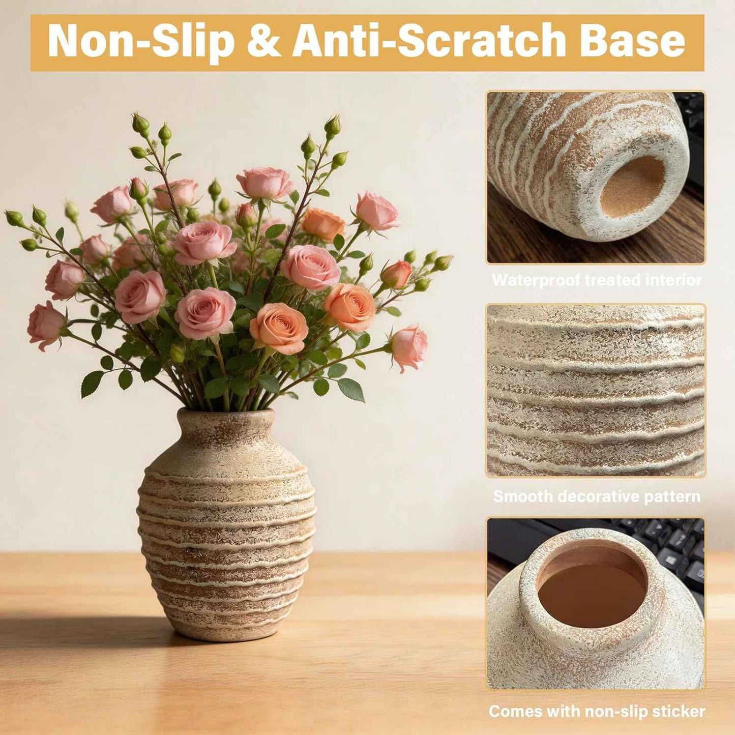 Ceramic Flower Vase 6.7" Farmhouse Table Vases Rustic Vintage Vase Decorative for Flowers & Plant Pottery Terracotta Vases for Home Decor Living Room Bedroom Bathroom Table Centerpiece (Terracotta)