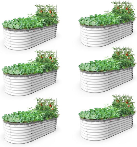 A ANLEOLIFE 6X3X2 ft Galvanized Raised Garden Beds Outdoor-6 Pack, Oval Large Metal Deep Root Planter Box for Planting Vegetables Flowers Herb, Anti-Rust & Easy-Setup, Antique White
