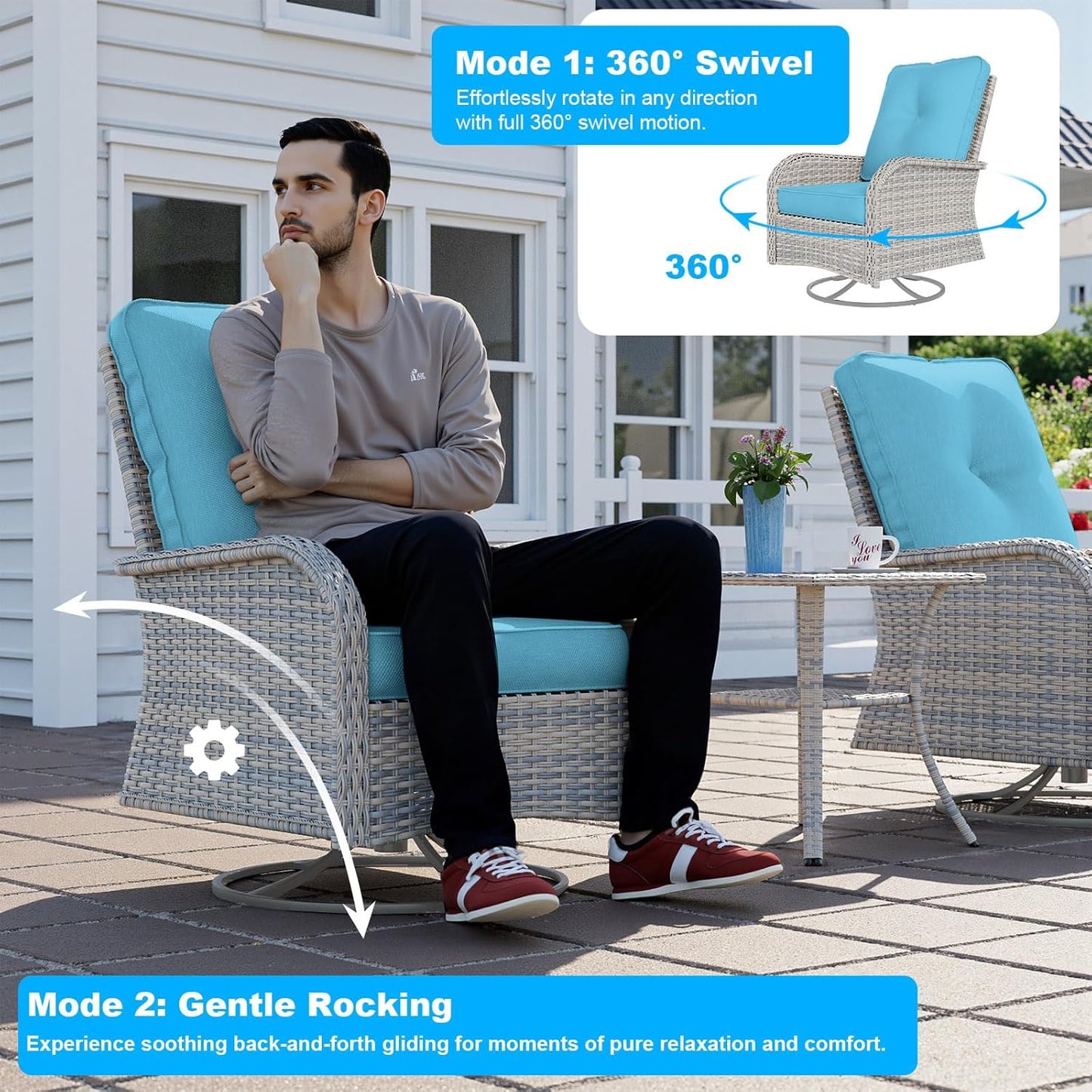 17-Piece Patio Furniture Set, Outdoor Patio Furniture with Swivel Chairs Set, Thick Cushions, Modular Patio Sofa, Dual-Strand Wicker Rattan, Rust-Resistant Frame, Lake Blue