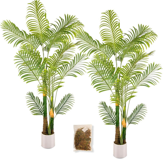 Artificial Fake Palm Tree 6FT 2Pack with White Planter & Free Moss, UV Resistant Artificial Palm Tree for Outdoors, Fake Plants for Poolside Home Room Decor, Faux Plants Outdoor Decor