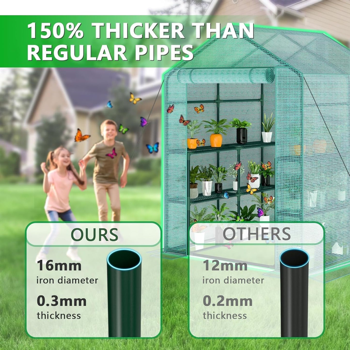 Greenhouse, 57 x 57 x 76'' Greenhouses Plant Tent for Outdoors, Durable Grow Kit with Window, Thicken PE Cover, 3 Tiers 8 Shelves, Heavy Duty Walk in Green Houses for Indoor Backyard Outside