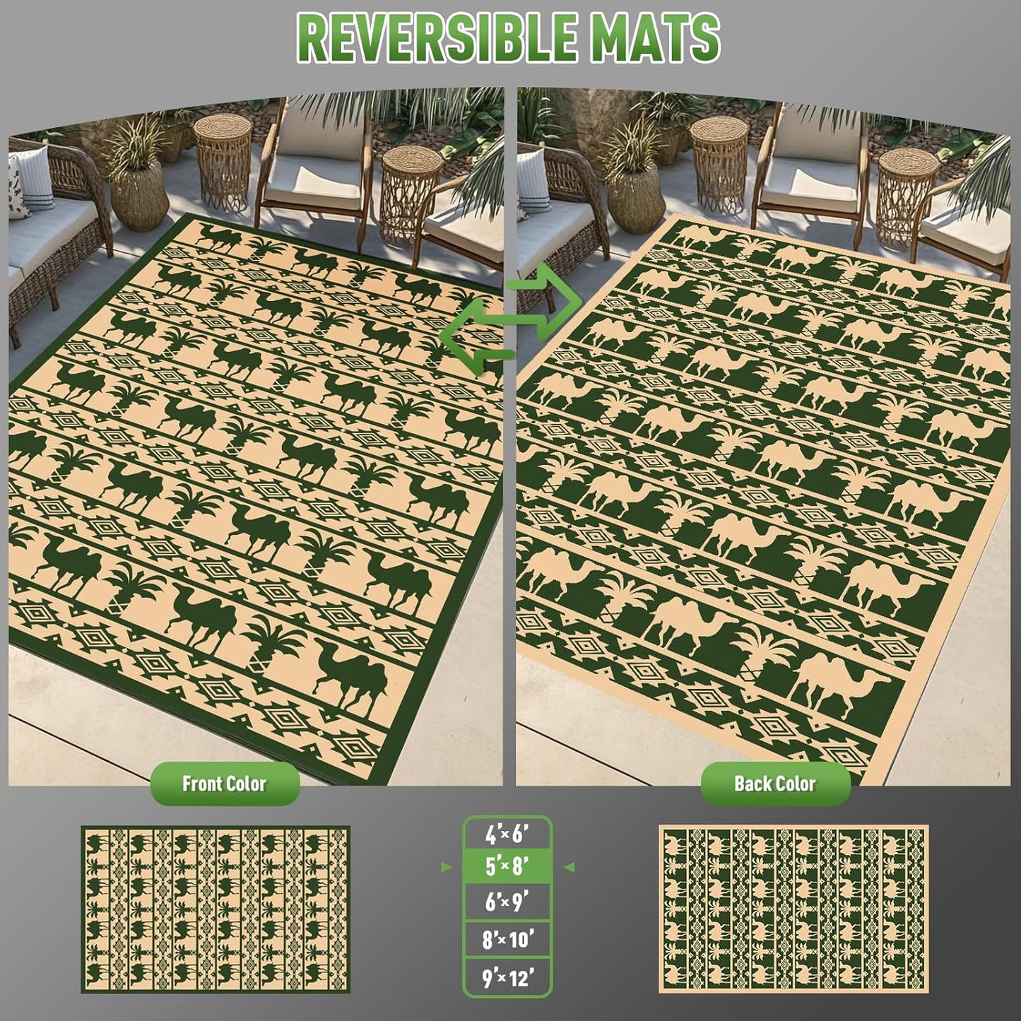 WILDROOTS 5x8 Feet Plastic Tropical Green Outdoor Rug, Stain Resistant Waterproof Reversible Outdoor Patio Rug, Fade Resistant Camping Rug