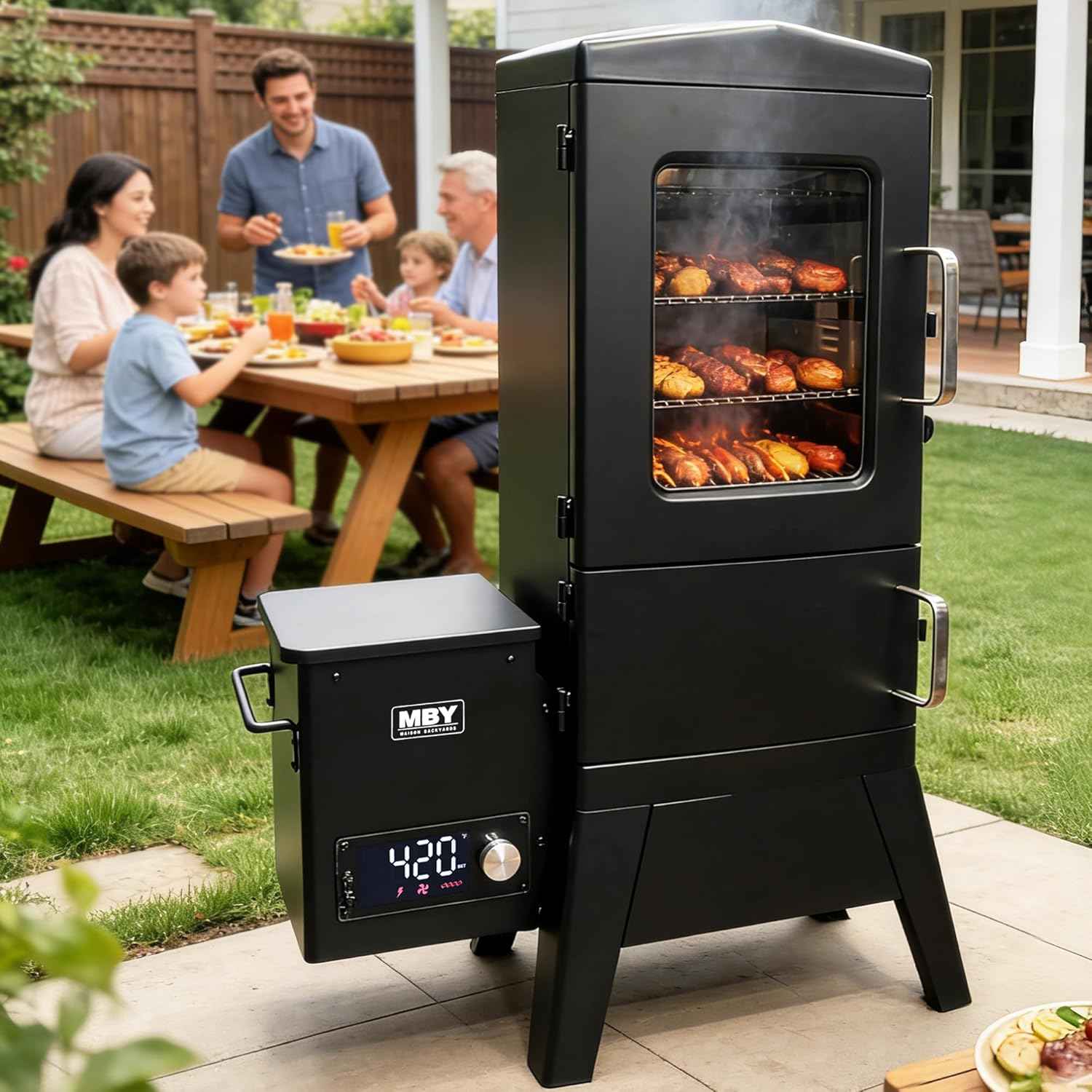 Pellet Smoker with Cover, Electric Wood Pellet Smoker Grill With Meat Probe and Hook, 616 Sq in Cooking Area LED Display Temperature Control, Outdoor Cooking, Patio, Garden Barbecue, Obsidian Black
