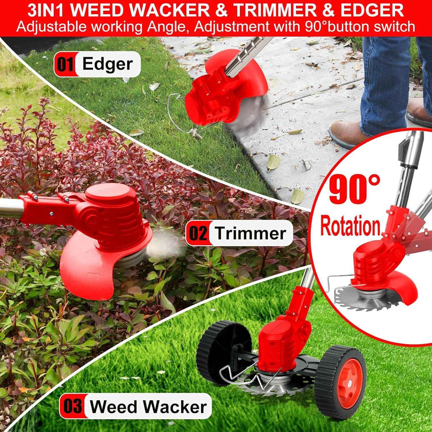 Cordless Weed Wacker, Electric Grass Trimmer 21V 2.0Ah Battery Powered Weed Trimmer, 3 in 1 Stringless Lightweight Brush Cutter/Edger/Mower with 4 Types Blade & Wheels for Garden and Yard Lawn