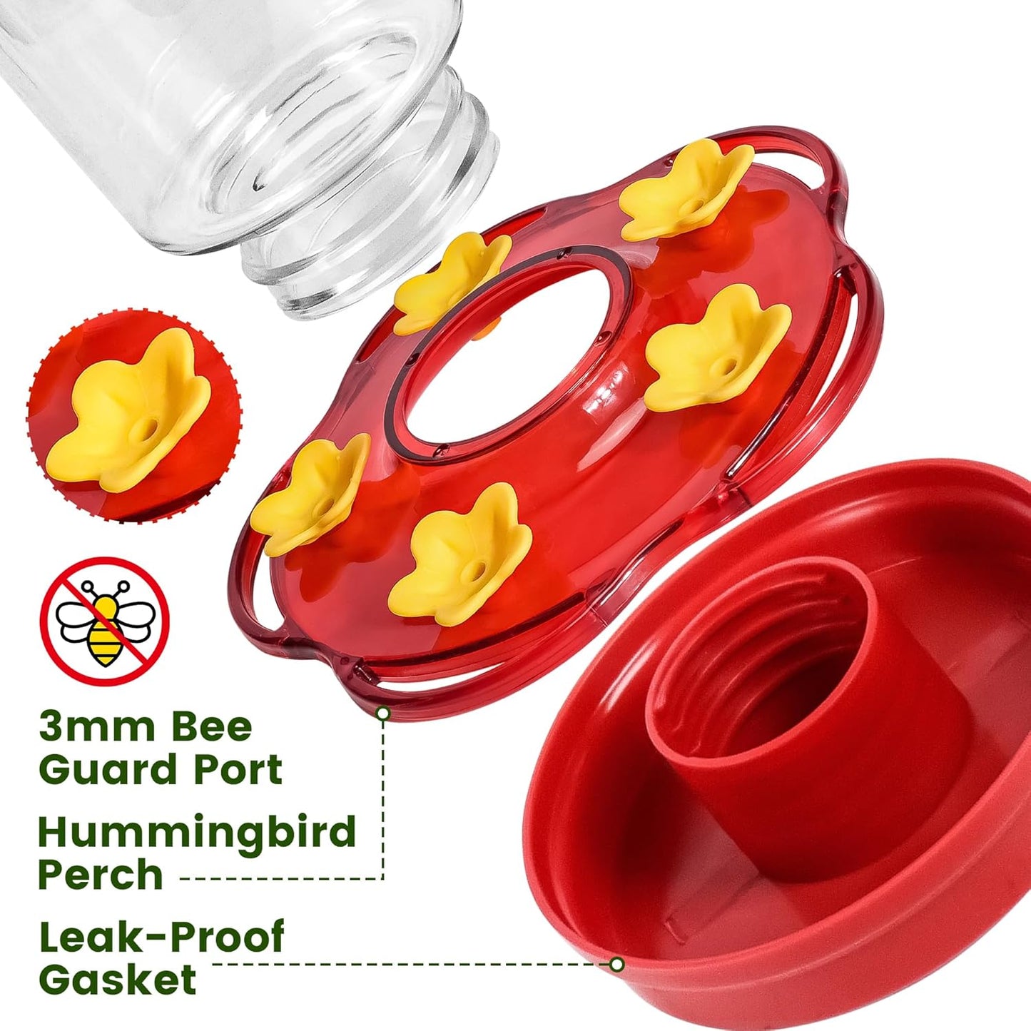 Glass Hummingbird Feeders for Outdoors Hanging Ant and Bee Proof, 1 Pack 15 Ounces Red Hummingbird Feeder with 5 Feeding Ports and Perches, Built-in Ant Moat, Outside Garden Décor (Glass, 1)