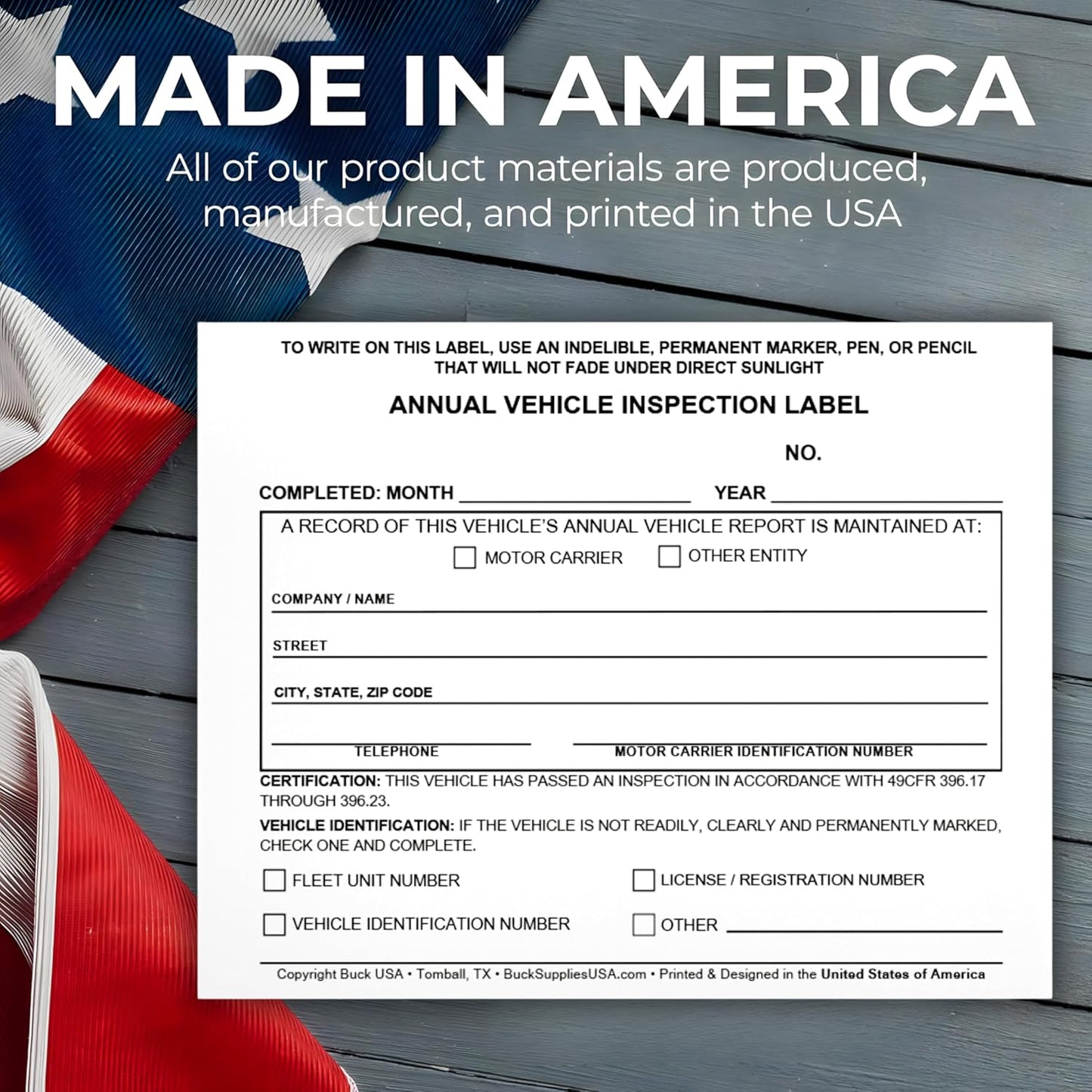 50 Pack Buck Annual Vehicle Inspection Label, 2-Ply Adhesive Vinyl with Mylar Laminate, FMCSA & DOT Compliant, Weatherproof, Tear Resistant, Easy to Write On, 5" x 4" - Made in USA