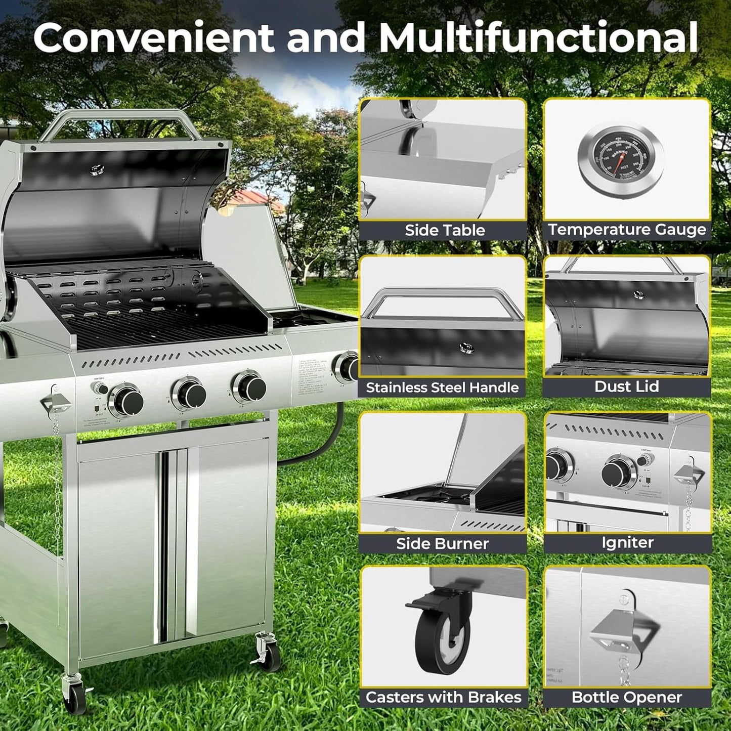 R.W.FLAME 3-Burner Propane Gas Grill With Sider Burner,304 Stainless Steel Propane Grill 34,000BTU,Multifunction & Protable Outdoor Barbecue Grill with Casters for Camping & Parties