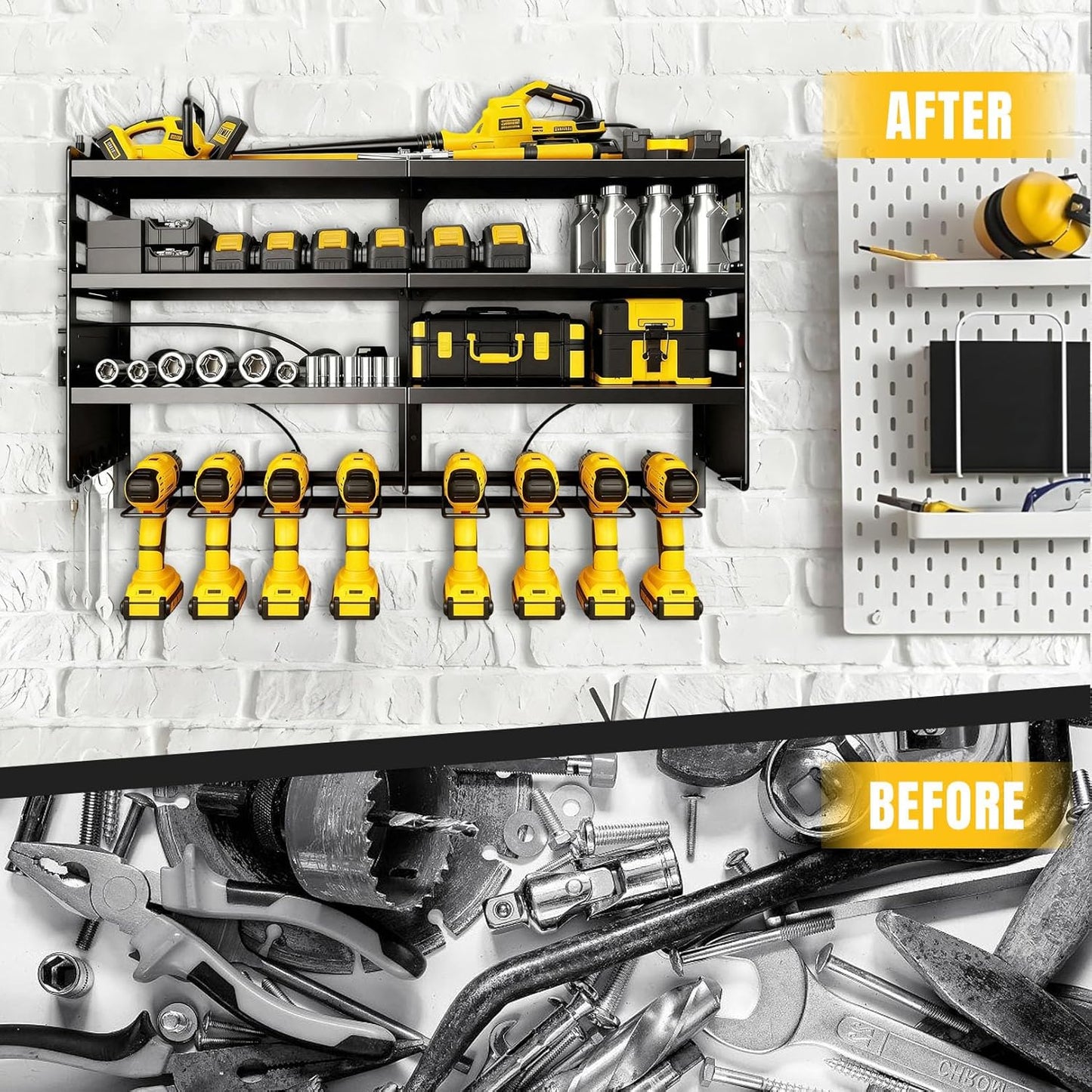 Heavy Duty Power Tool Organizer Wall Mount with Charging Station, 4 Layer Tool Storage Rack with 8 Drill Holder & Power Strip for Garage Workshop