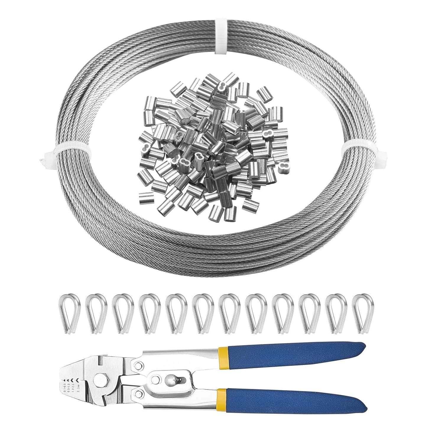VEVOR 1/16 Wire Rope Kit, 66 FT Wire Rope Crimping Tool 304 Stainless Steel Cable, 160 Sleeves, 12 Thimbles, 7x7 Strands Construction Marine Aircraft Grade for Handrail Stair Decking Fence Outdoors