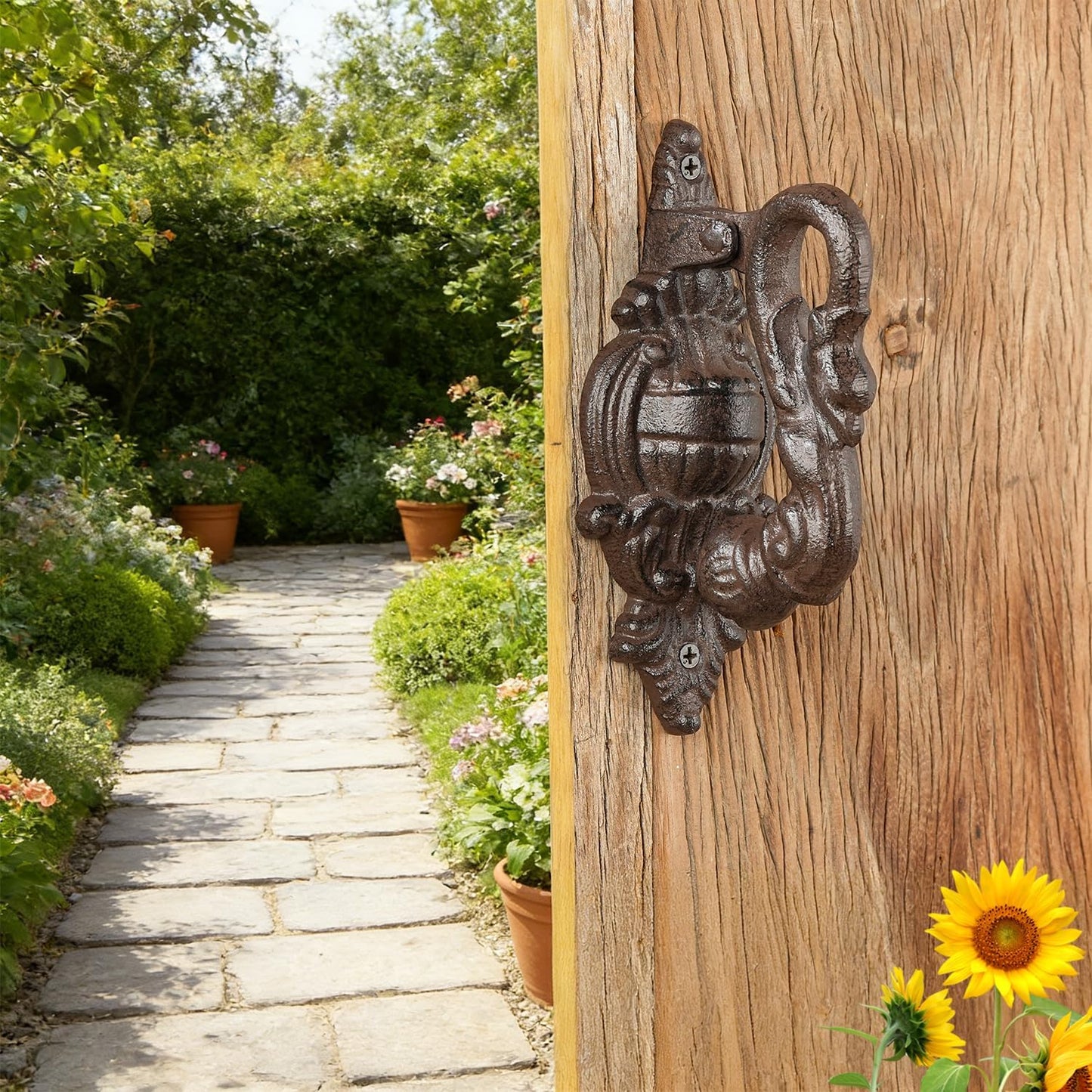 Sungmor Vintage Cast Iron Door Knocker,8.4" Tall Heavy Duty Pull Handle,Rustic Dragon Design for Farmhouse Entrance Door Decor,Antique Brown Finish