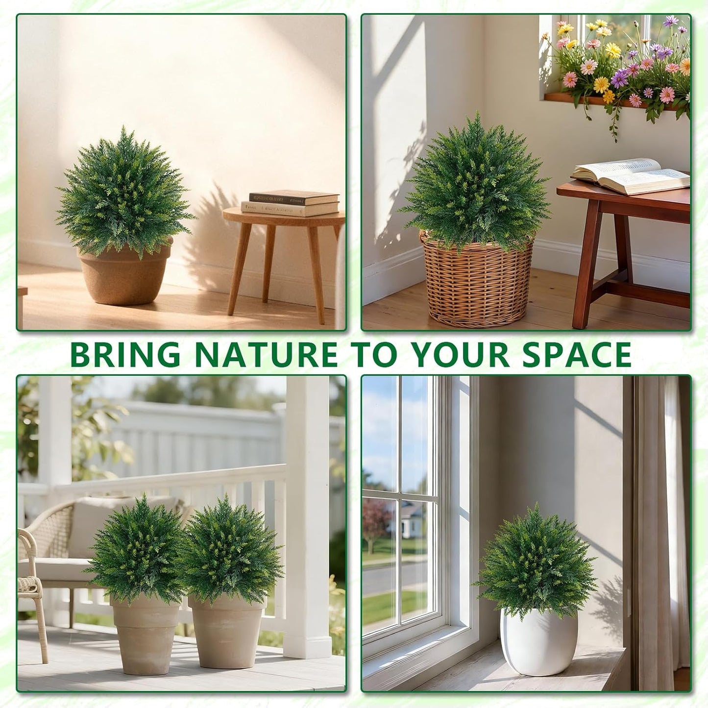 Artificial Cedar Topiary Trees with Ground Spike, 4 Pieces Fake Pine Shrubs Bushes, UV Resistant Faux Evergreen Cypress Tree Plants for Indoor Outdoor Planters Front Porch