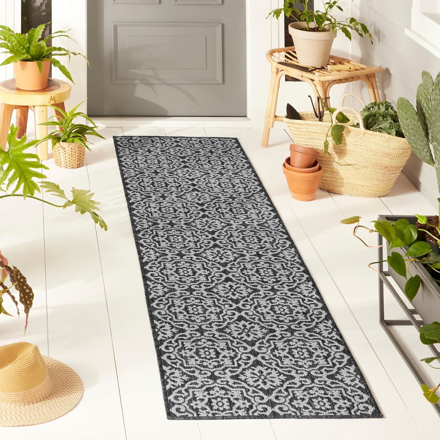 Nicole Miller New York Patio Country Julia Transitional Geometric Indoor/Outdoor Runner Area Rug, Black/Grey, 1'9"x7'2"