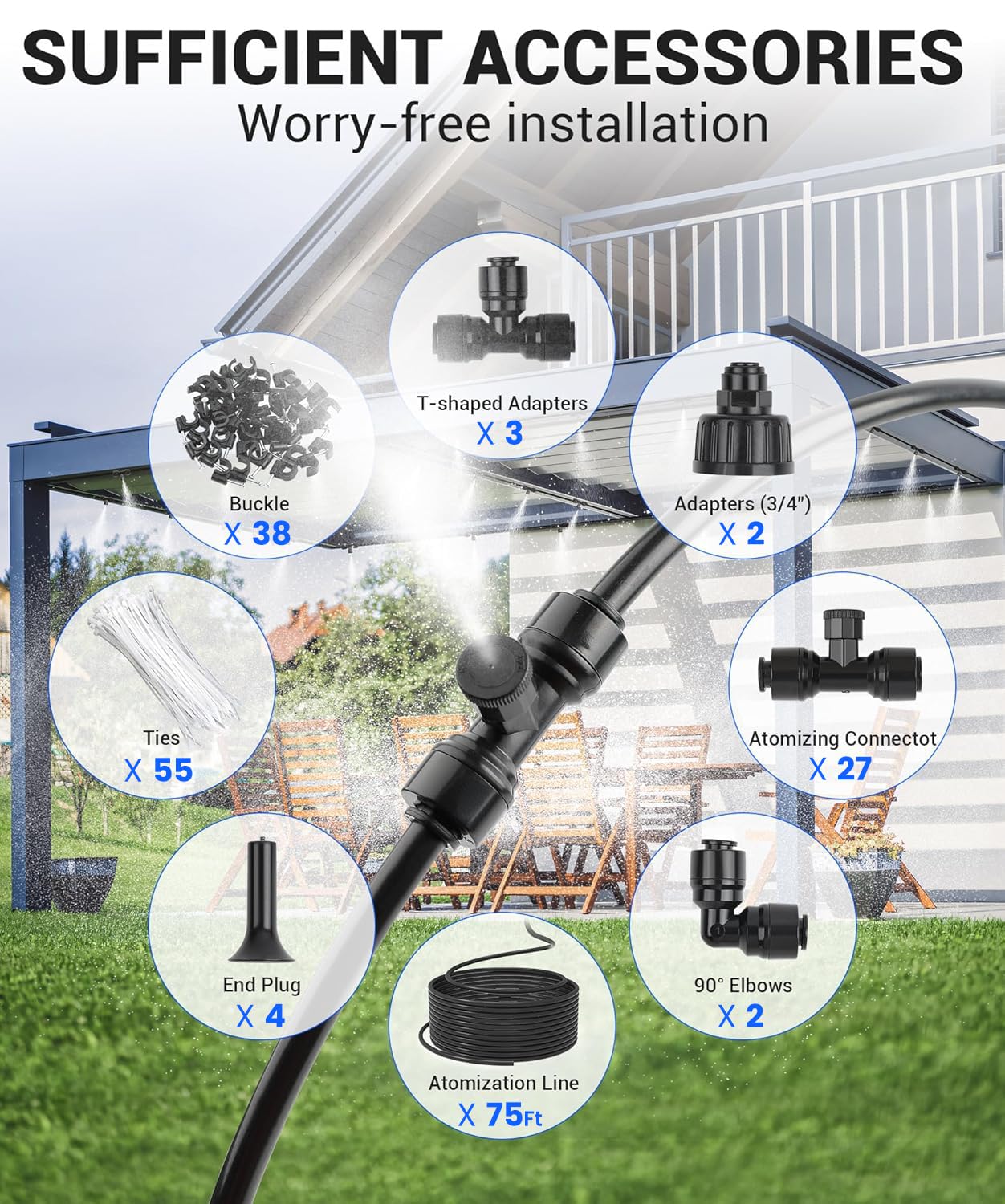 75FT Misters for Outside Patio Misters for Cooling (27 Mist Nozzles) Outdoor Water Patio Hose Greenhouse Mister System Outside Mist Backyard Trampoline for Waterpark Watering Misters for Cooling