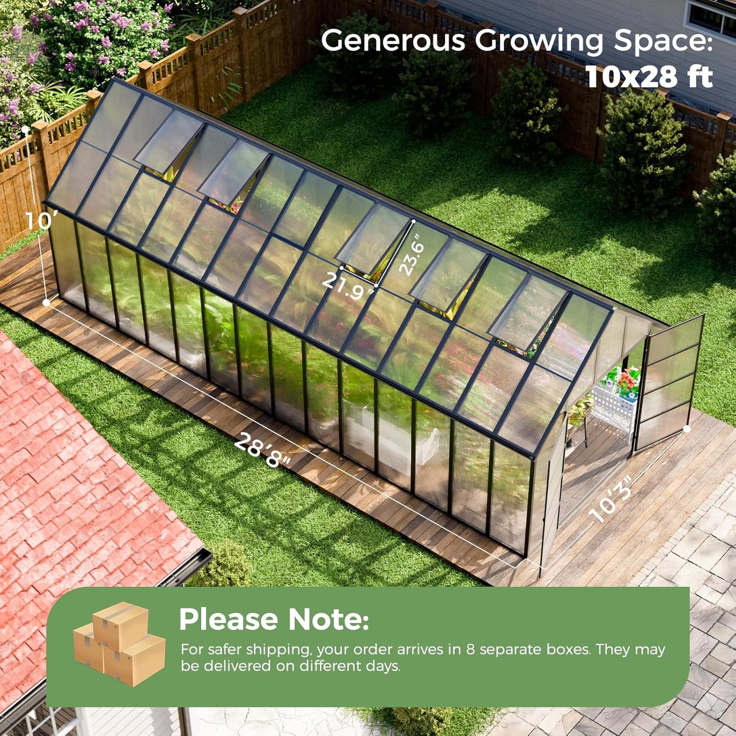 WACASA 28x10x10 FT Greenhouse for Outdoors, Thickened Aluminum Polycarbonate Greenhouse Kit with 6 Vent Windows, Swing Door, Easy Assembly Walk-in Greenhouse for Patio and Backyard