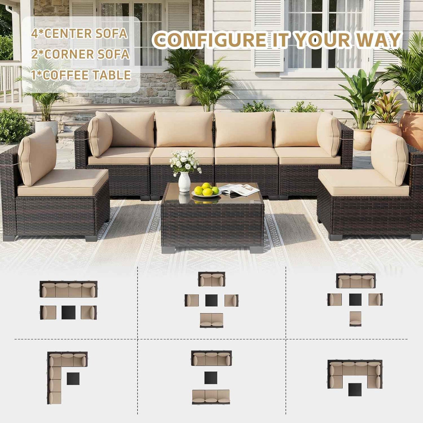 LEVELEVE 7 Pieces Outdoor Patio Furniture Sets,Rattan Conversation Sectional Set,Manual Weaving Wicker Patio Sofa with Tea Table