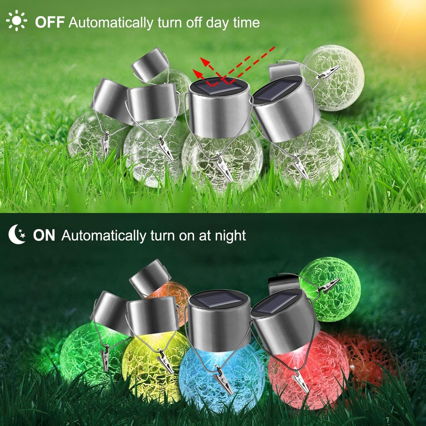 Solar Lights Outdoor Hanging Decorative Globe 8 Pack, Waterproof Solar Lantern with Handle and Clip, Solar Powered Glass Ball Lights for Garden Yard Fence Tree Umbrella Holiday Décor, Color Changing