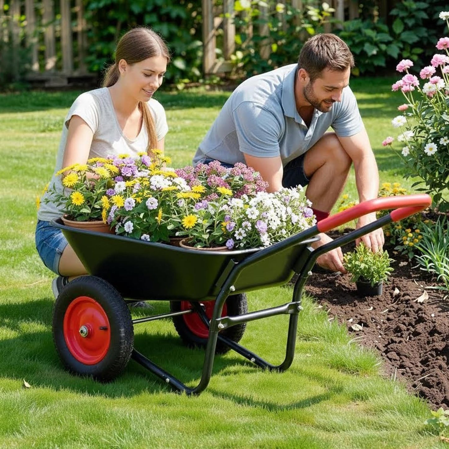 2 Wheel Wheelbarrow, Dual-Wheel Garden Dump Cart with 13" Non-Slip Pneumatic Tires & Ergonomic Padded Handle, Heavy-Duty Home Utility Yard Cart Wagon with 4.5 Cu Ft Capacity for Lawn, Gardening