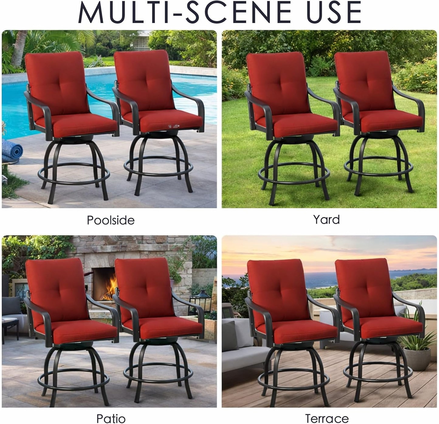 Kozyard Isabella Outdoor Swivel Bar Chairs Set of 2, Counter Height Patio Bar Stools with Cushioned Seats, Weather-Resistant Metal Bistro Chairs for Backyard Dining Burgundy
