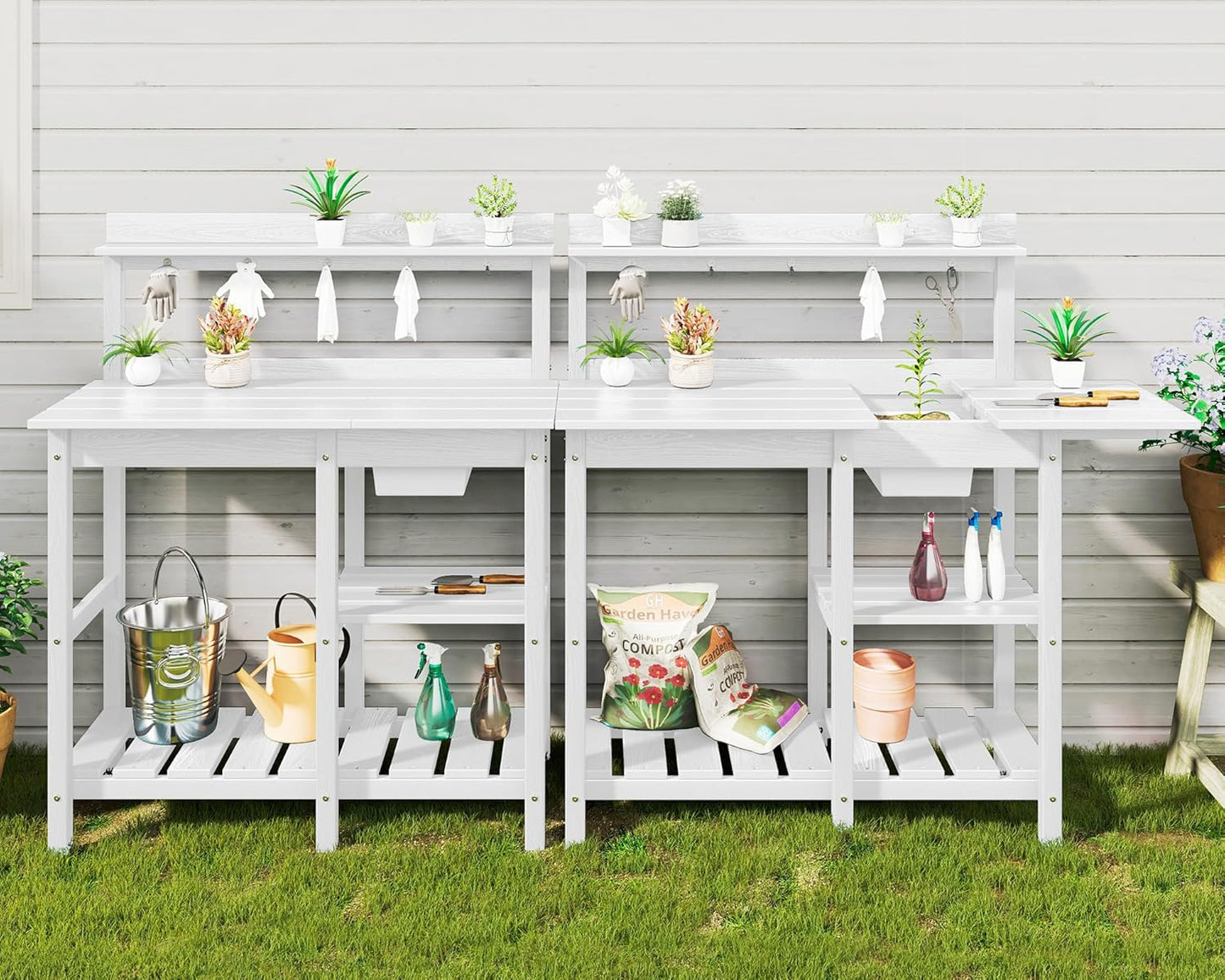 SERWALL Potting Table Set of 2 for Outside All Weather Use- White