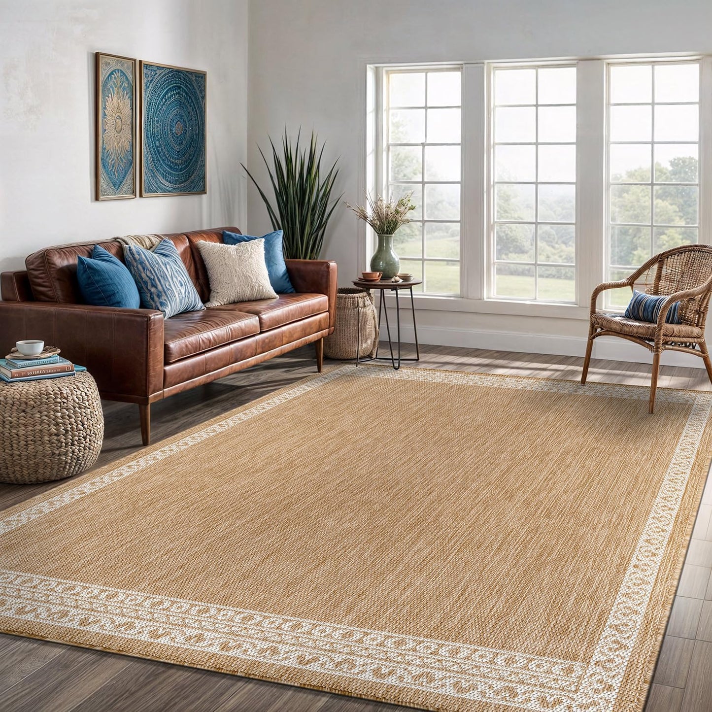 Washable Outdoor Rug 5x7 Modern Area Rugs Outdoor Carpets Bordered Pattern Non Shedding Waterproof Easy Clean Patio Deck Porch Living Room Bedroom Garden RV (5 X 7 Natural)