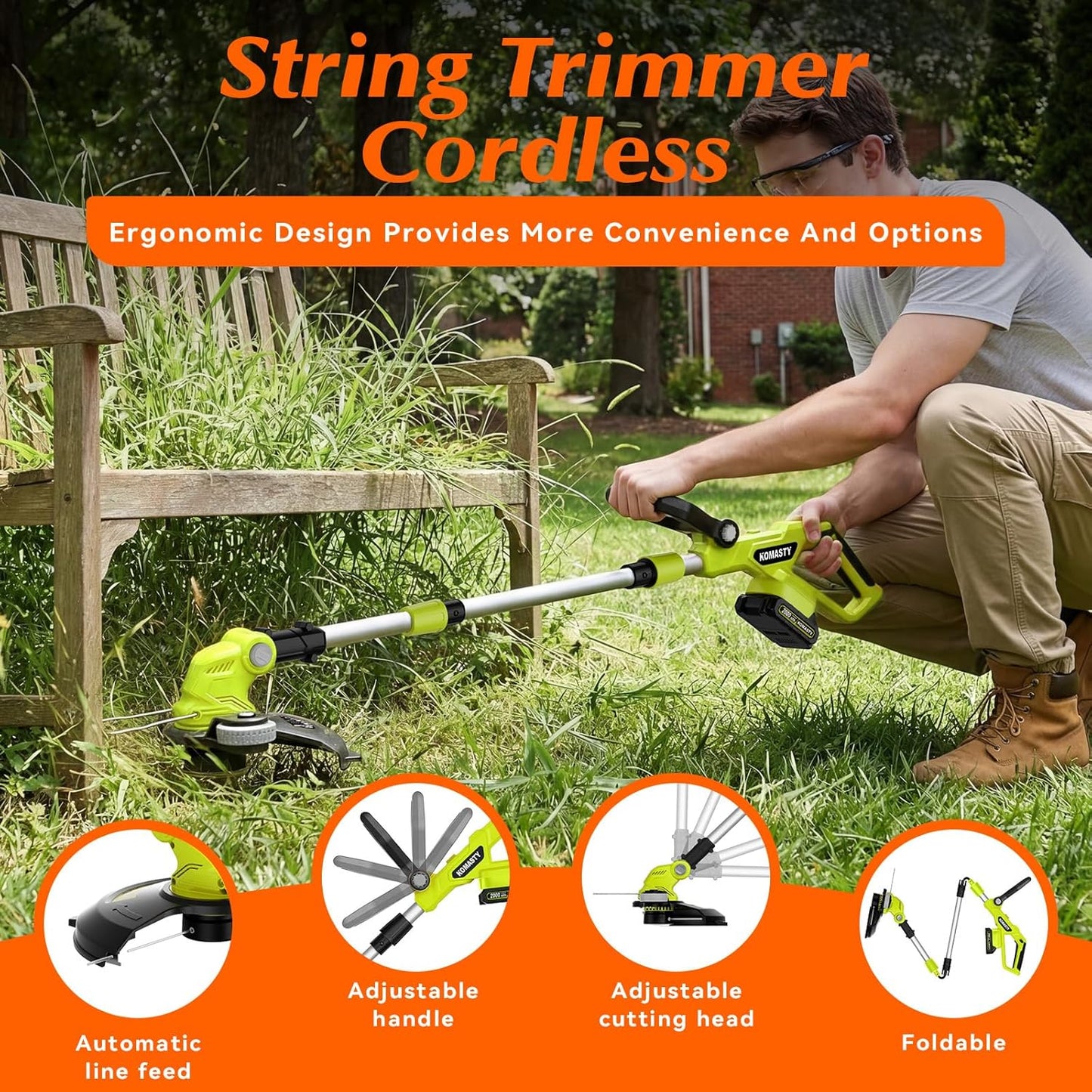 20V Electric Weed Wacker Cordless Edger Lawn Tool 2 X 2.0Ah Battery Powered Weed Eater with Charger, 12 Inch Lightweight String Trimmer, Auto Line Feed Grass Cutter Lawn Mower Garden Tools Yard Green