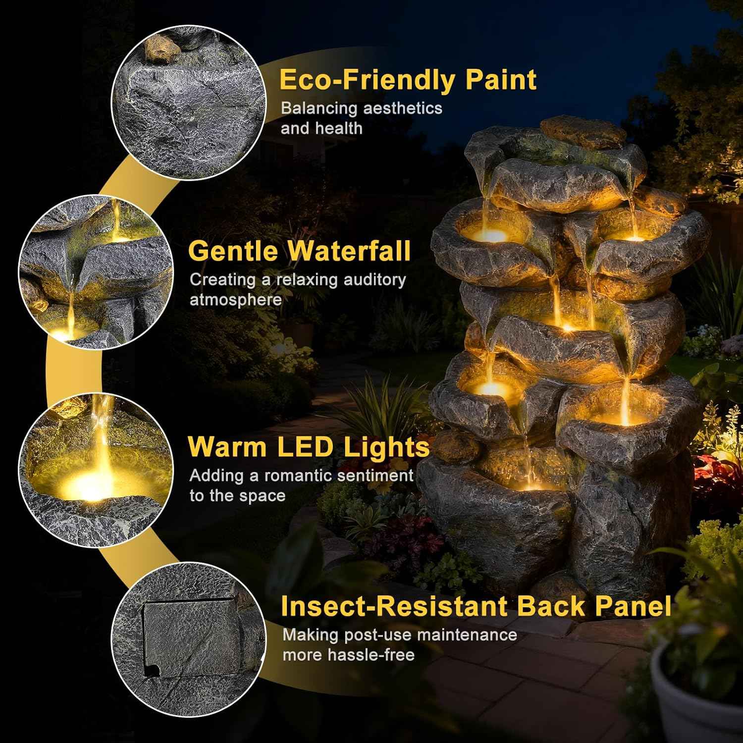 Solar Water Fountain Outdoor Garden, 24" H Cascading Stone Design 5 Tier Rock Feature Outdoor Fountains Waterfalls with Light, Pump Solar Panel for Patio, Deck, Porch, Backyard Home Décor