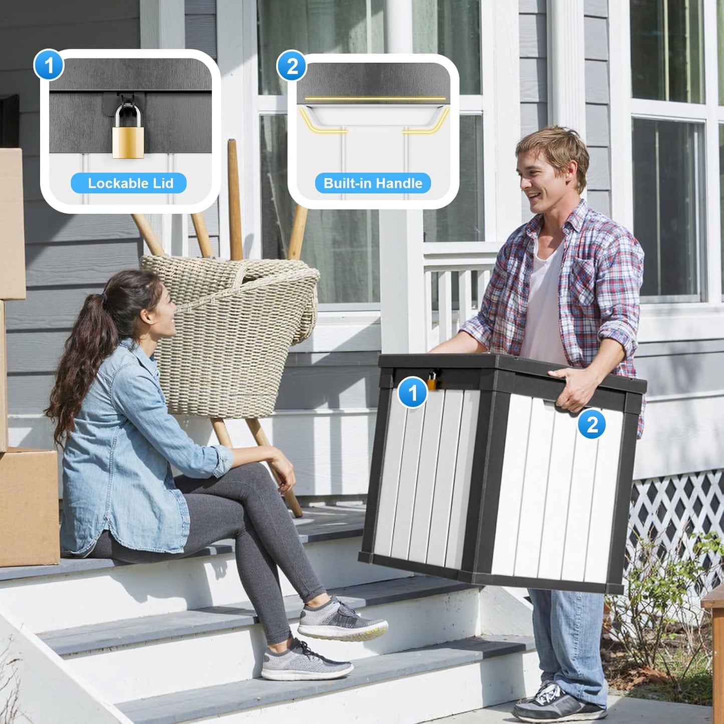 50 Gallon Outdoor Deck Box,Storage Lockable Waterproof Patio Furniture,Garden Tools,Cushions,Pool Accessories Outside Storage Resin Box(Black&White)