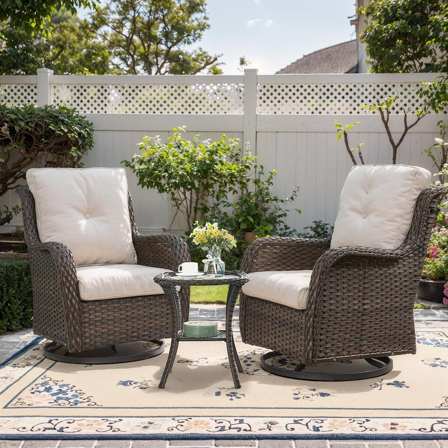 Patio Furniture Set Swivel Rcoker - 3 Pieces Outdoor Glider Rocking Chairs with Small Side Table, Wicker Chair Sets for Porch, Balcony and Garden