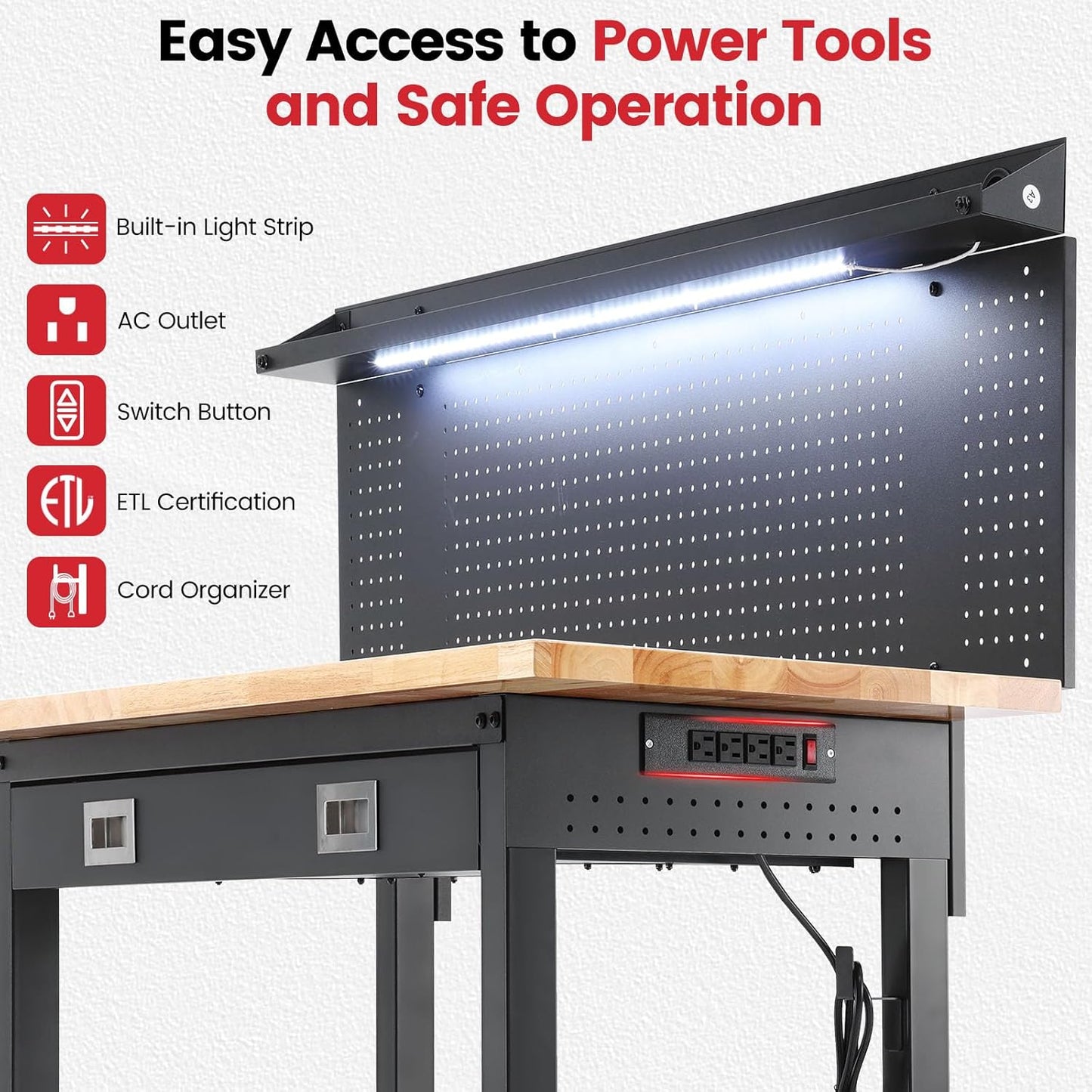Workbenches for Garage Work Bench with Wheels 60 Inch Adjustable Rubber Wood Top Garage Workbench with Drawers, Pegboard, Power Outlets for Woodworking, Home, Office, Workshop