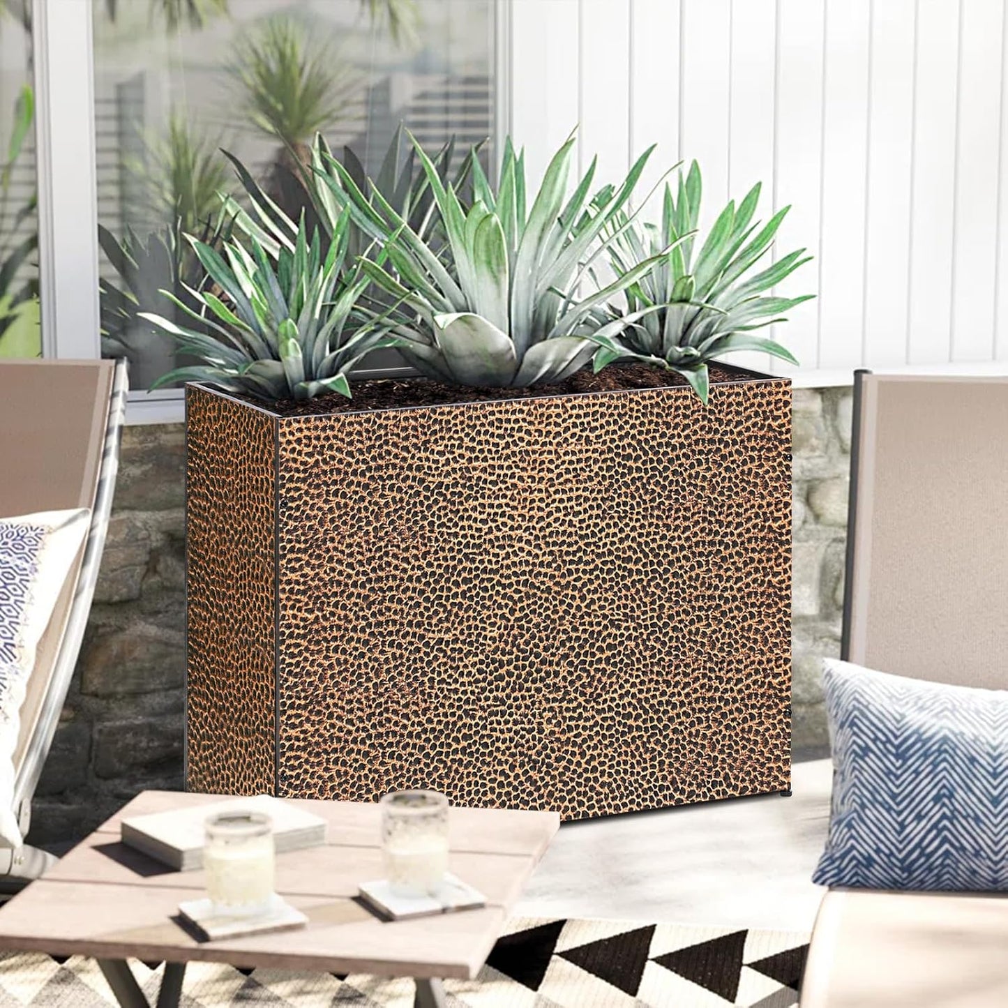 Tall Planters for Outdoor Plants - Hand-Hammered Metal Large Rectangular Block Planter Box with Drainage Holes, Modern Planters Indoor Outdoor Flower Plant Pots Patio Yard Front Porch Deck,32x12x24"