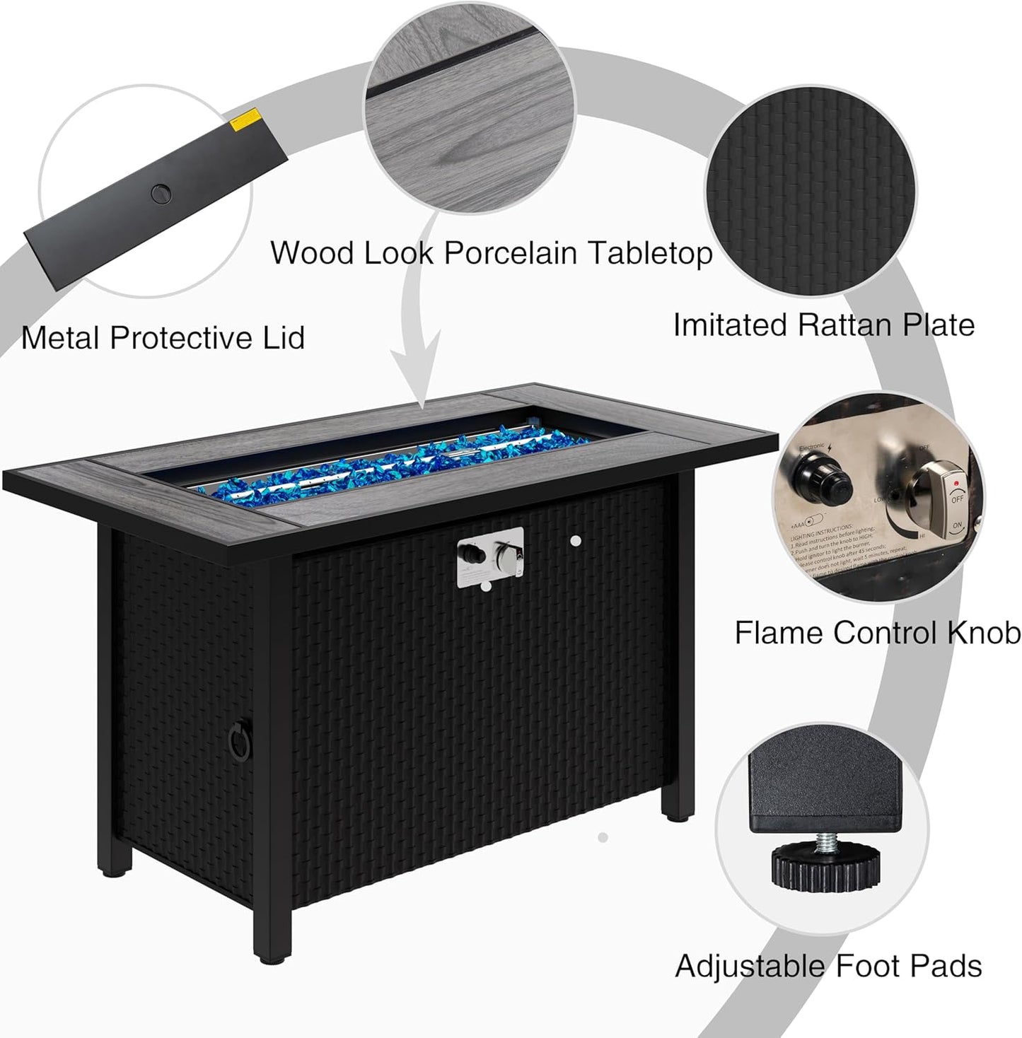 Meilocar 45in Fire Table, Propane Fire Pit with Glass Wind Guard and Rain Cover, Outdoor Firepit Table 50000 BTU 3-in-1 Fire Table for Patio/Yard/Balcony, Gray Tabletop