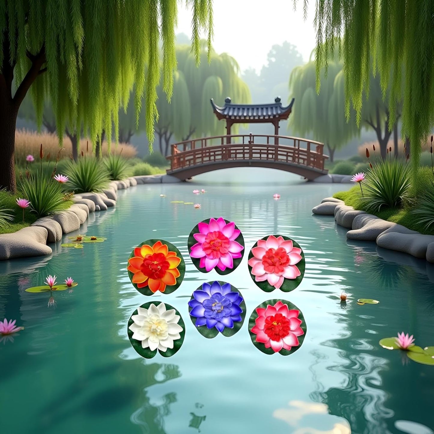 6 Pcs Large Floating Lotus Flowers Faux with Artificial Lily Pads, Artificial Floating Foam Lotus Flower with Water Lily Pad,Floating Artificial Lotus Flowers Decor Pond Home Decoration