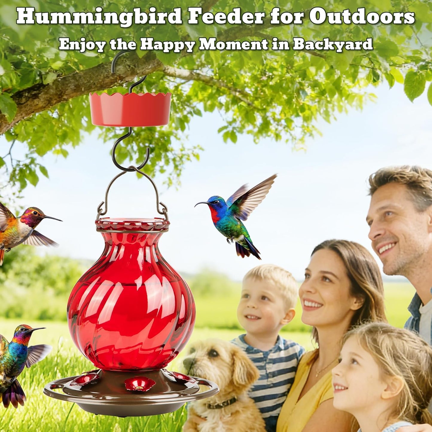 Hummingbird Feeder, Auslar 26 Ounces Glass Hummingbird Feeders for Outdoors Hanging Ant and Bee Proof, Ant Moat & 5 Flower Feeding Ports, Rustproof, Leakproof, Netted Flower Bud Shape Bottle, Red
