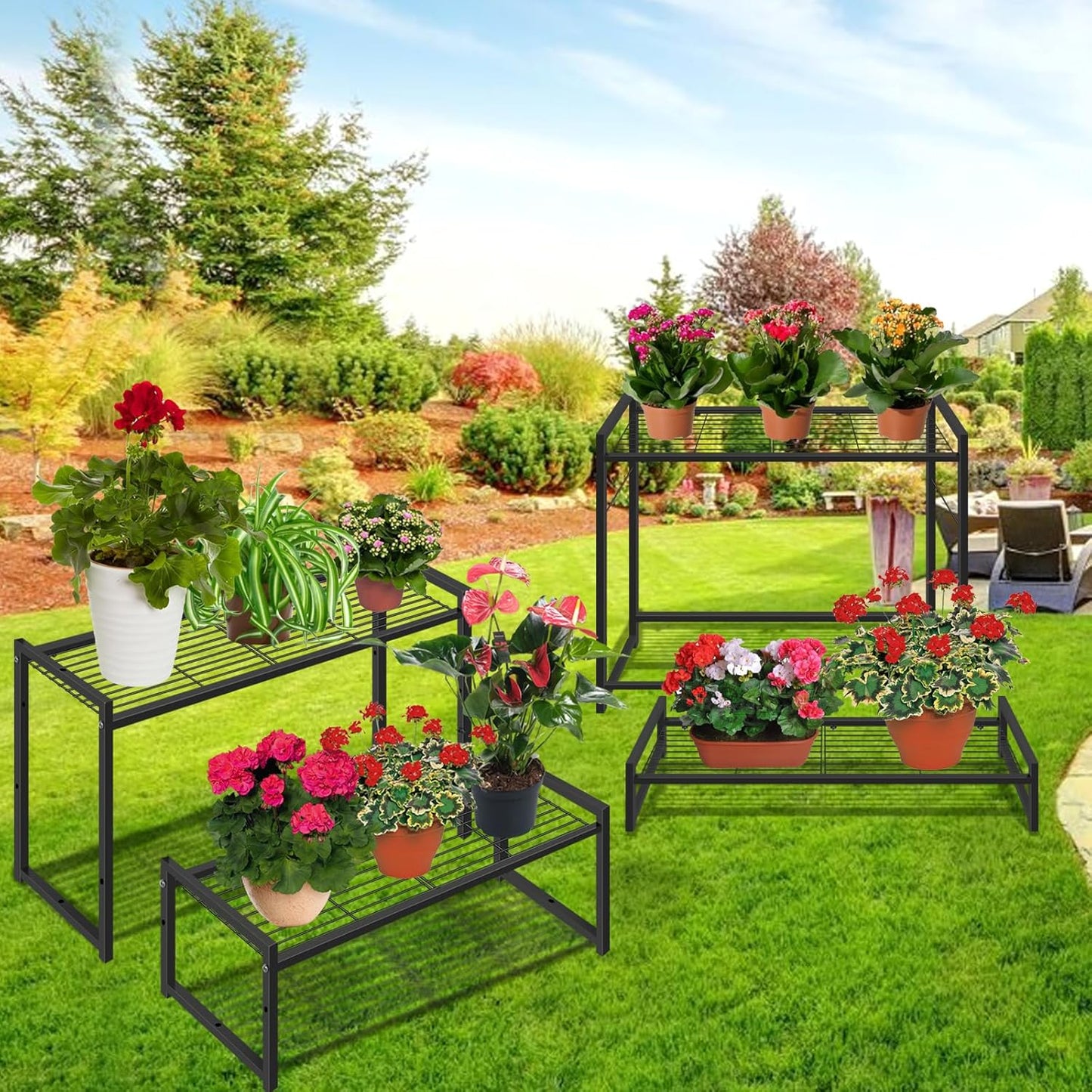 4 Tier Metal Plant Stand Indoor Outdoor, Ladder Flower Pot Holder Plant Stands, Stackable Heavy Duty Tall Plant Shelf Flower Pot Holder for Garden, Display Rack