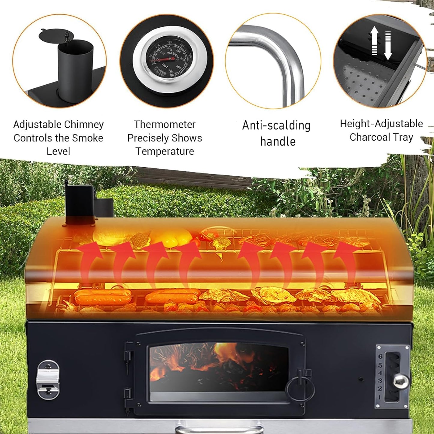 Built In Charcoal Grill, BBQ Grill with Oversize Cooking Area, Outdoor Cooking Grill with Charcoal Trays for Outdoor Backyard Camping Picnics, Patio and Parties