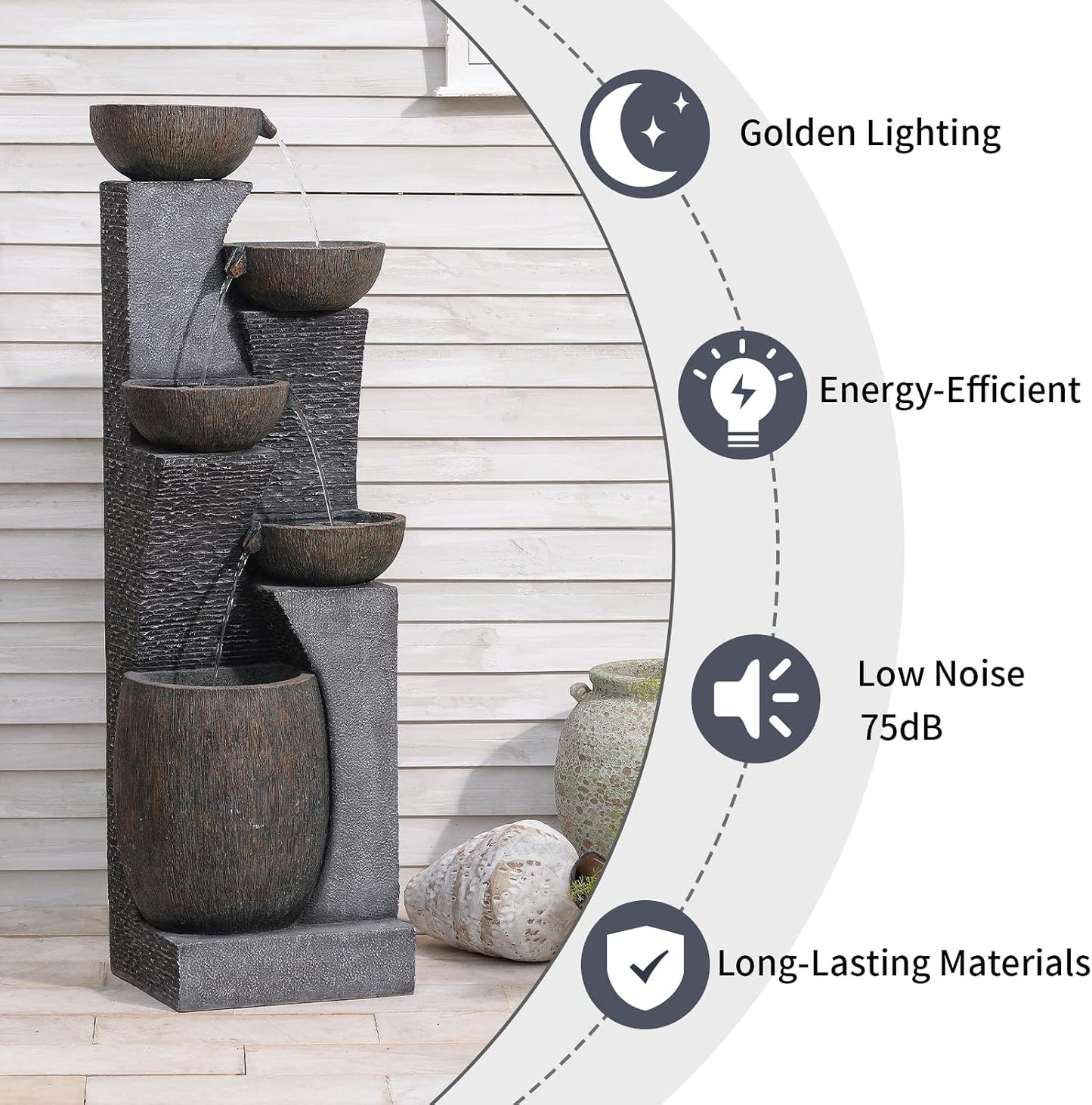 Bumilgar51.4 H Water Fountain Outdoor&Indoor, 5-Tiers Cascading Modern Feature Crocks Garden Fountains and Waterfalls with Warm Lights for Porch, Deck, Patio, Home Décor (Gray)