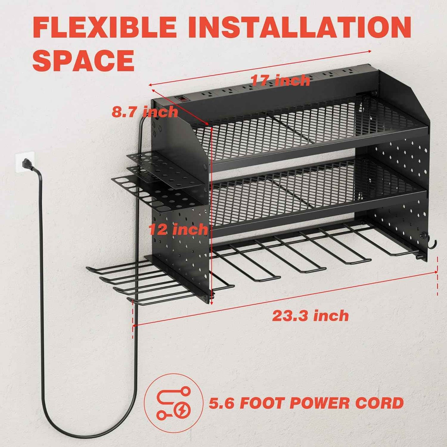 Power Tool Organizer Wall Mount with Charging Station, 8 Outlet Heavy Duty Metal Garage Tool Storage Rack, 23 Inch 3 Tier Shelves for Workshop & Garage Organization