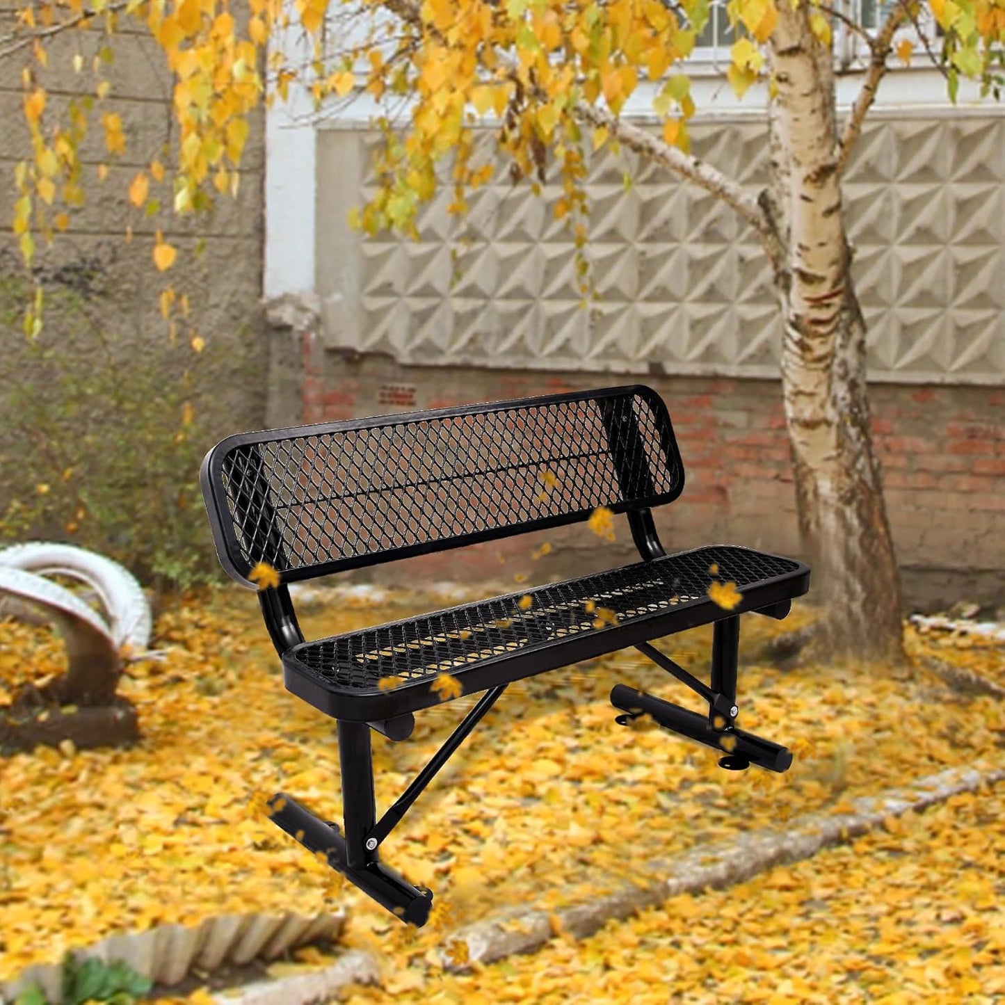 4FT Heavy Duty Park Bench with Back Portable Frame, Outdoor Metal Park Bench with Backrest, Steel Mesh Outdoor Bench for Garden, Lawn, Patio, Porch, Park, Yard (Black, 48" D x 23.2" W x 32.5" H)