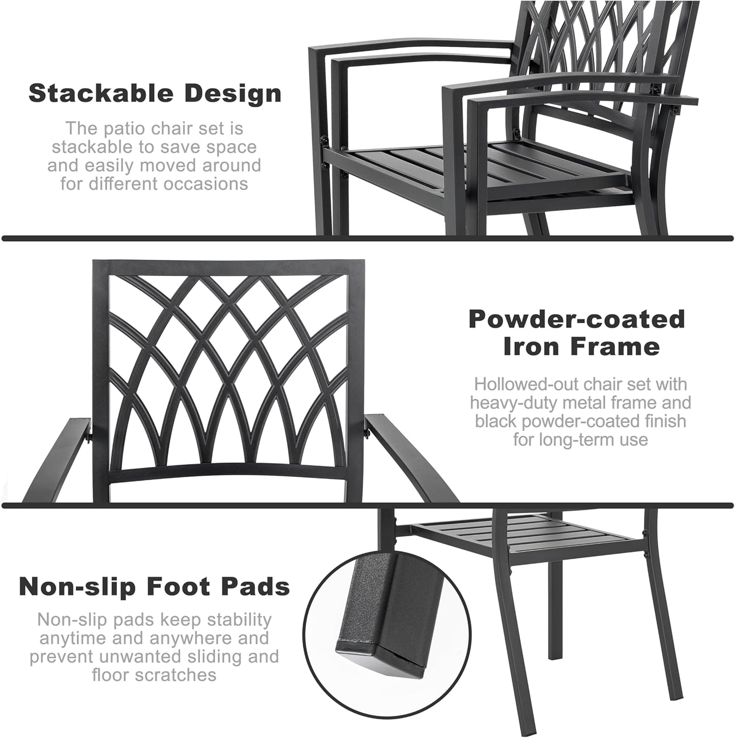 NUU GARDEN Patio Outdoor Dining Chairs Set of 2, Portable Patio Dining Chairs, Stackable Patio Chairs Metal Chairs for Backyard Lawn Deck Poolside Porch Bistro, Black