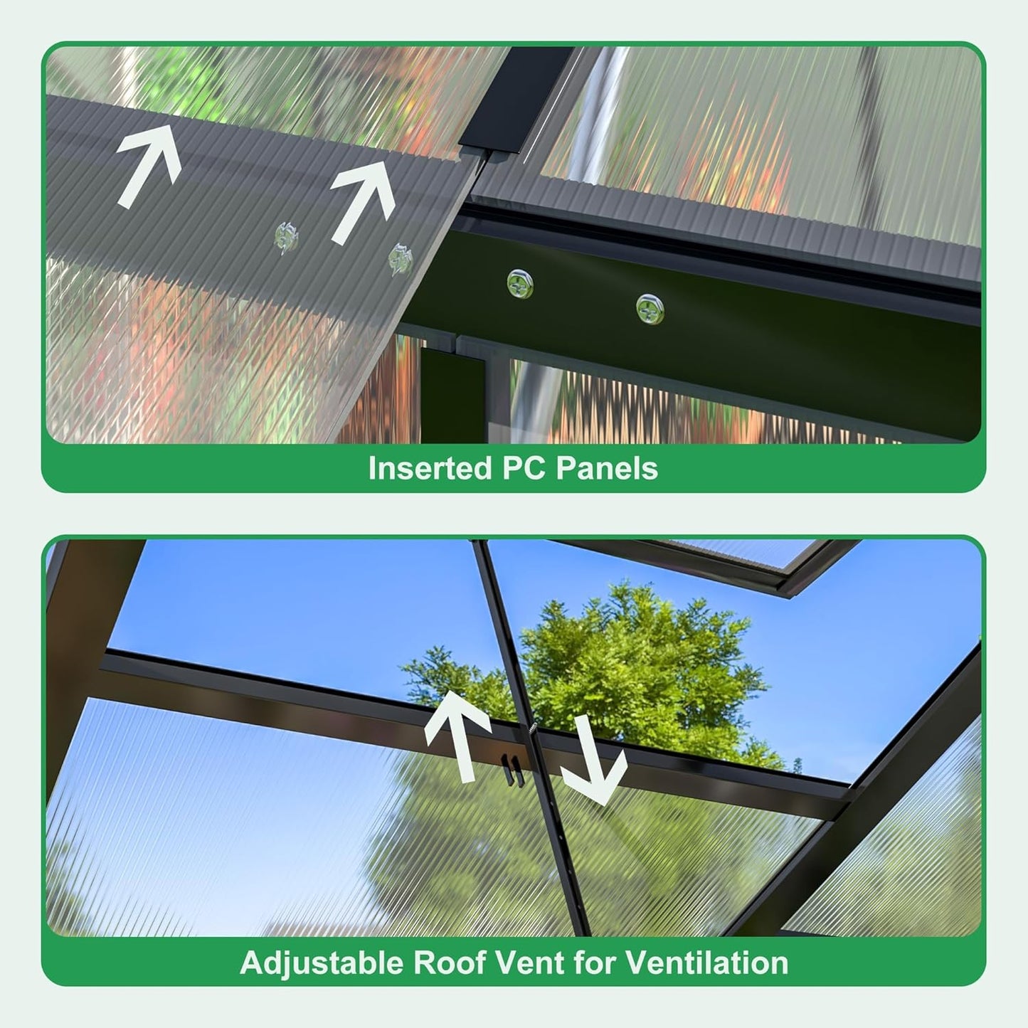 WKM 10x16 FT Greenhouse for Outdoors, Walk-in Polycarbonate Greenhouse with Roof Vent and Quick Setup Structure, Heavy Duty Green House for Outside Garden Backyard, Black